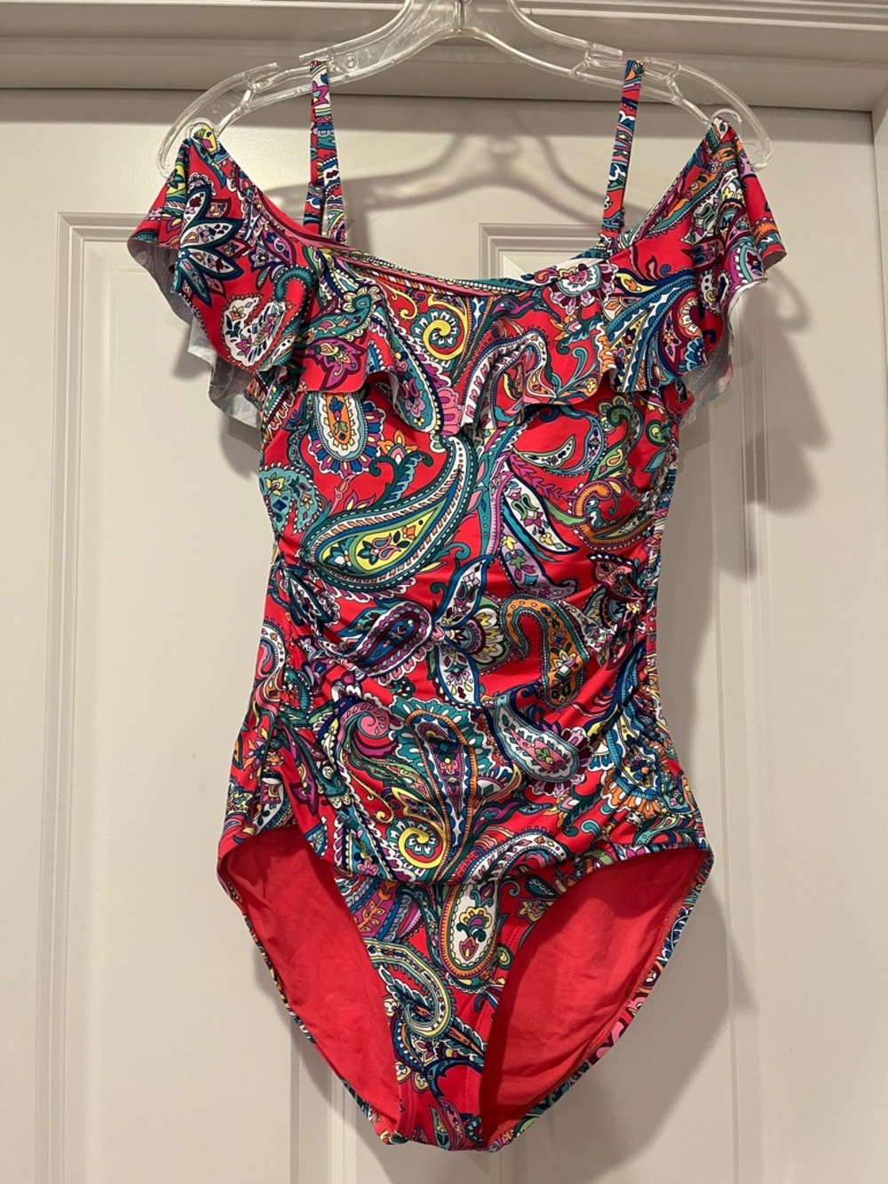 Tommy Bahama Paisley Print Ruffle detail Pink Multicolor One Piece Swimwear size